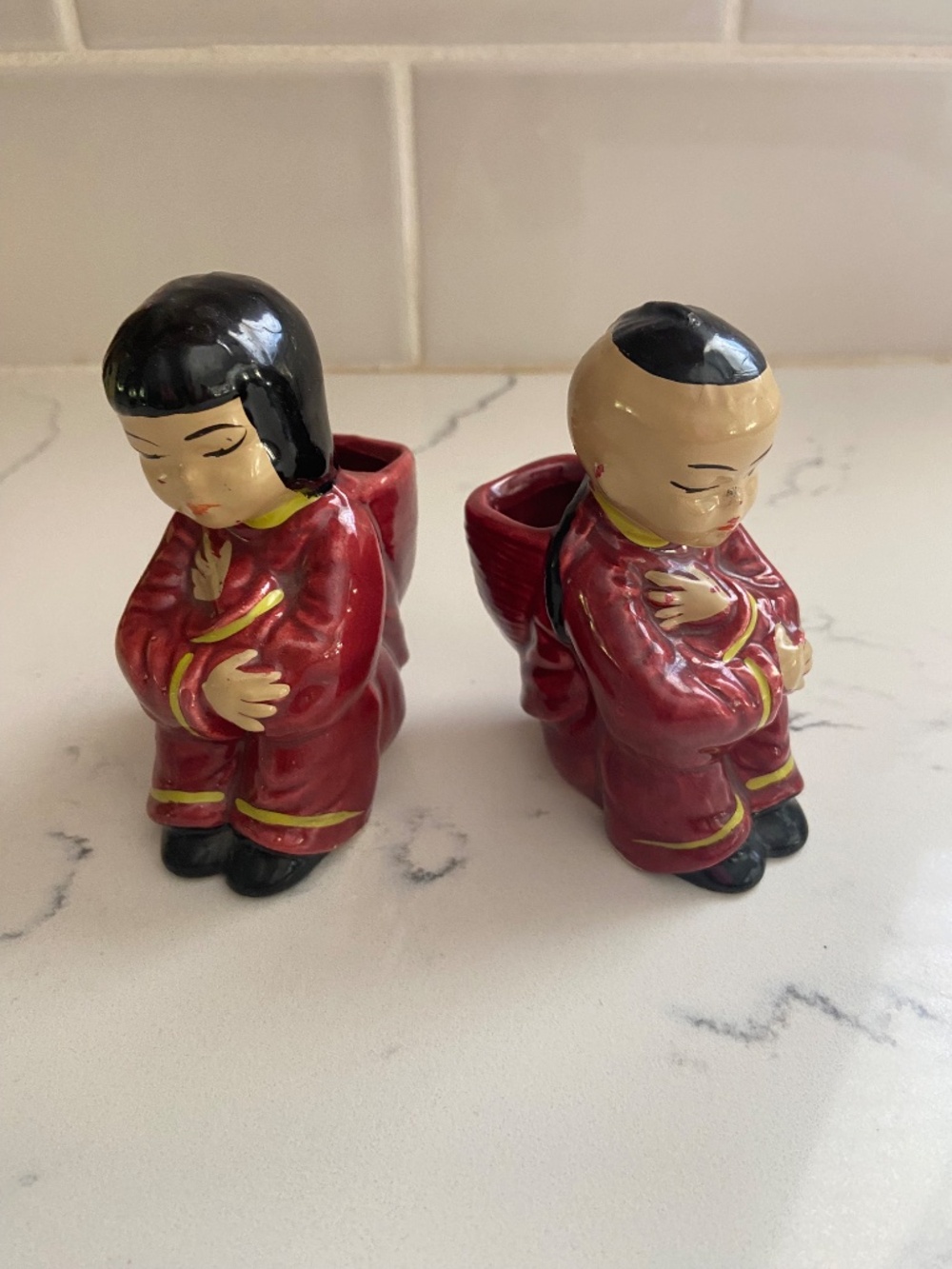 Vintage Asian Boy & Girl Match Holders Toothpick Holders Ceramic Figurines Pair